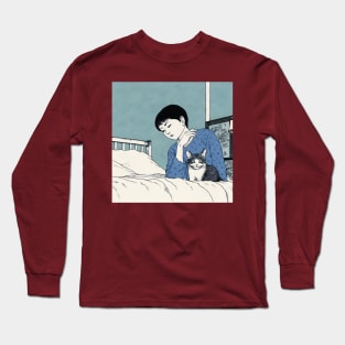 Traditional Japanese art of man with cat on the bed Long Sleeve T-Shirt